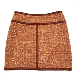 ABS Allen Schwartz Orange Wool Tweed Leather Trim Mini Skirt 12 29x16" USA Made